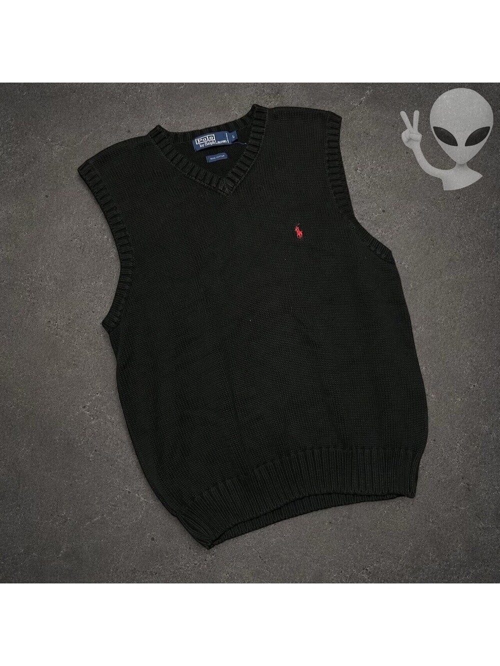 Polo Ralph Lauren V-Neck Knit Sweater Vest Men's L Black Red Pony Vintage